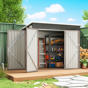 Abrigo de jardim em metal 234 x 132 x 185 cm, com três portas com fechadura, telhado inclinado e aberturas de ventilação, cinzenta