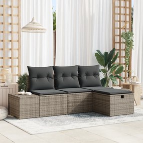 Conjunto de Sofá de Jardim de 4 Peças com Almofadas Cinza de Rattan Si