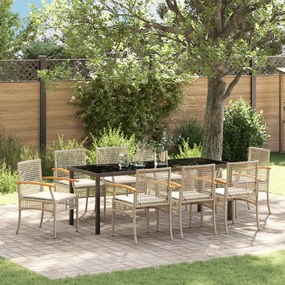 vidaXL Conjunto de Jantar de Jardim 9 Peças com Almofadas Bege de Rattan Sintético
