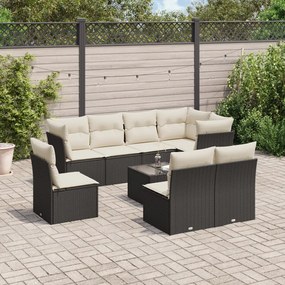 9 pcs conjunto de sofás p/ jardim c/ almofadões vime PE preto