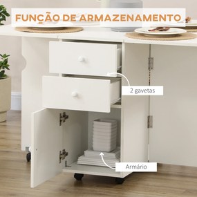 Mesa de Cozinha Dobrável com Laterais Dobráveis 6 Rodas e 2 Gavetas de Armazenamento 120x80x75 cm Branco