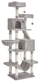 Árvore para gatos FEANDREA, torre grande para gatos de 206 cm com 13 arranhadores, 1 rampa para arranhar, 2 poleiros, 2 cavernas, cesta, rede, pompons, condomínio de pelúcia multinível para gatos internos, cinza claro