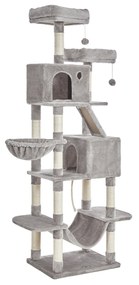 Árvore para gatos FEANDREA, torre grande para gatos de 206 cm com 13 postes para arranhar, 1 rampa para arranhar, 2 poleiros, 2 cavernas, cesta, rede, pompons, condomínio de pelúcia multinível para gatos internos, cinza claro