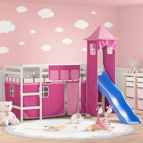 vidaXL Cama alta para criança com torre 80x200 cm pinho maciço rosa
