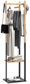 HOMCOM Cabide de Pé de Bambu com 2 Prateleiras 2 Ganchos 5 Barras Cabide de Entrada com Estrutura de Aço para Pendurar Roupa no Corredor Sala de Estar Quarto 46x28,5x153,5 cm Madeira e Preto