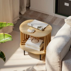 Mesa auxiliar oval 50x39x50 cm para colocar ao pé do sofá, com arrumação aberta, pés em aço com design em ripas, efeito de madeira natural
