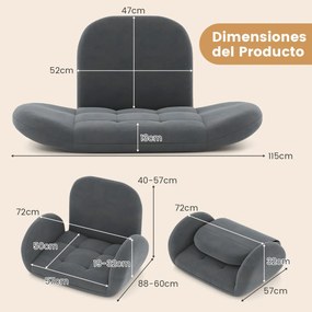 Cadeira dobrável para jogos de chão Sofá-cadeira com encosto e apoios de braços ajustáveis Cadeira de braços reclinável para leitura interior Cinzento
