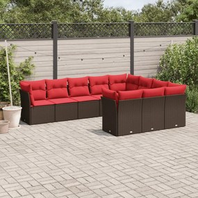 vidaXL 10 pcs conj. sofás jardim com almofadões vime PE castanho