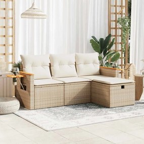 4 pcs conjunto de sofás para jardim c/ almofadões vime PE bege