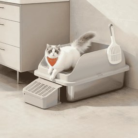 Caixa de areia para Gatos 62 x 42 x 30 cm em aço inoxidável com borda alta e acessórios cinzento