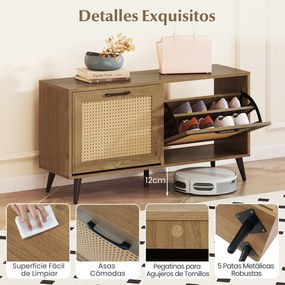Sapateira de rattan 100 x 30 x 53 cm com 2 gavetas basculantes, superfície ampla, prateleiras ajustáveis e pés de metal para um toque natural
