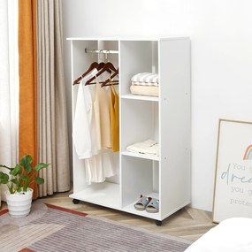 Guarda Roupa de Madeira Móvel Armário Roupeiro Aberto com Barra para Pendurar e 3 Prateleiras Organizadoras 80x40x128cm Branco