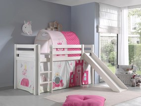 Conjunto Cama alta de Criança PINO 90 x 200 cm + estrado + escada + escorrega + cortina + túnel Princesa branca