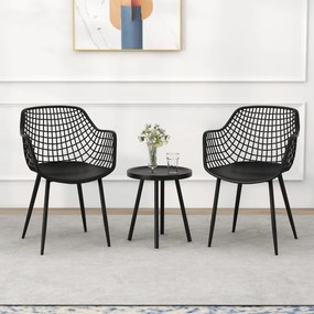 Conjunto de jardim de 3 peças 2 cadeiras Bistro e mesa de apoio PP Metal Stand Conjunto de mobiliário de exterior para interior Preto