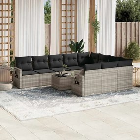 11 pcs conjunto sofás de jardim c/ almofadões vime PE cinzento