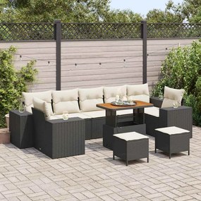 Conjunto de Sofás de Jardim vidaXL 10 Peças com Almofadas Rattan Preto Poly Acácia