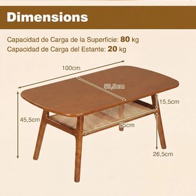 Mesa de Centro Retangular, 100 x 53,5 x 45,5 cm, Prateleira de Rotim PE, Castanho