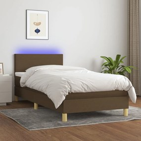 Cama box spring c/ colchão/LED 100x200cm tecido castanho-escuro