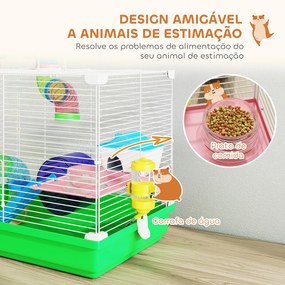 Gaiola para Hamster com Túnel Prato Bebedouro Casinha Rampa Roda de Exercício Bandeja Removível 46x30x37 cm Verde