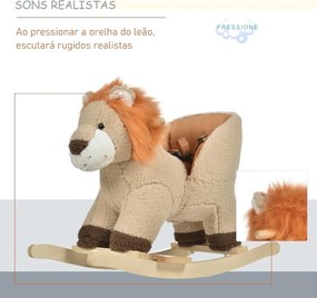 Baloiço Infantil em Forma de Leão de Pelúcia para Bebés 18-39 Meses com Som Cinto de Segurança Guidão Apoio para os Pés 68x35x50cm Castanho