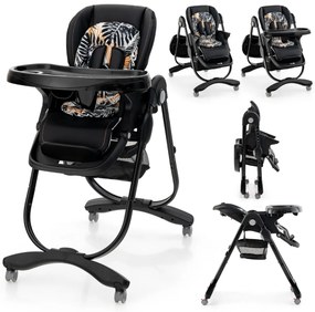 Cadeira alta dobrável refeição para bebés com rodas giratórias, 7 alturas ajustáveis, apoio para os pés, encosto, apoio para os pés e encosto em preto