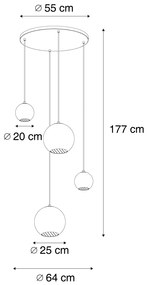 Candeeiro suspenso Art Deco preto com vidro fumado redondo 4 luzes - Bao Art Deco