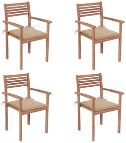 vidaXL Cadeiras de jardim c/ almofadões bege 4 pcs teca maciça
