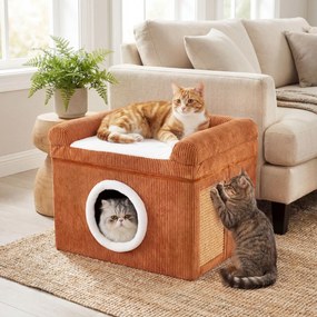 Cama para gatos de interior 49 x 41 x 39 cm - Grande caverna para gatos com condomínio, tapete de sisal para arranhar e almofada - castanha