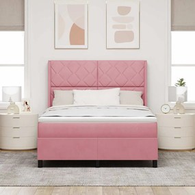 Cama Box Spring com Colchão &amp; LED Rosa 140x190 cm Veludo