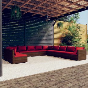 vidaXL 11 pcs conjunto lounge jardim c/ almofadões vime PE castanho