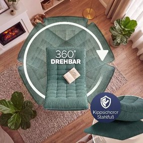 Poltrona em veludo cotelê Aberdeen, ajustável em 5 posições, giratória a 360°, dobrável cinzento-esverdeado