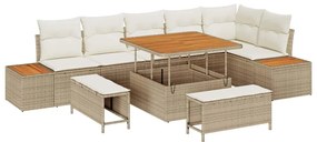 Conjunto de Sofá de Jardim com 9 Peças e Almofadas Vime Poli Bege Acác