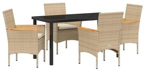 Conjunto de Jantar para Jardim 5 Peças com Almofadas Beiges em Rattan