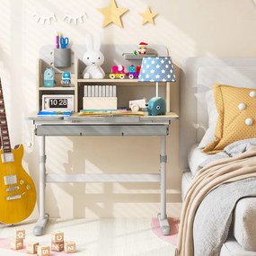 Secretária Infantil 80 x 51 x 88-110,5 cm com Altura Ajustável, Inclinável Gaveta Bandeja Estantes para Casa Escola Cinzenta