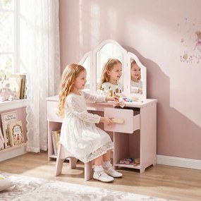 Toucador Infantil de Maquilhagem com Banco, 3 Espelhos Amovíveis, 2 Gavetas, 2 Armários e 7 Acessórios, Rosa, +3 Anos