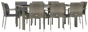 9 pcs conjunto de jantar p/ jardim c/ almofadões vime PE cinza