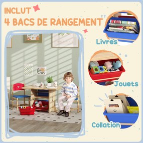 Mesa infantil com 2 cadeiras – conjunto de 3 peças em madeira com 4 caixas de arrumação em madeira natural