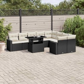 10 pcs conjunto sofás de jardim c/ almofadões vime PE preto