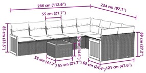 10 pcs conjunto sofás de jardim c/ almofadões vime PE preto