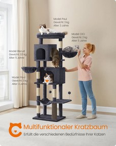 Arranhador de gatos com 175 cm de altura XL com 2 grutas cinzento escuro