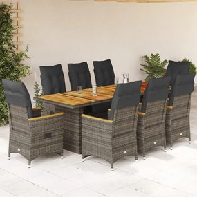 9 pcs conjunto bistrô de jardim c/ almofadões vime PE cinzento