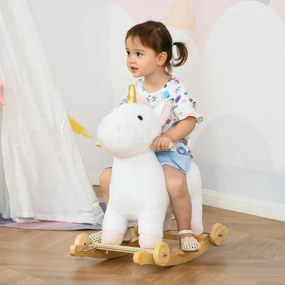 HOMCOM Baloiço Infantil em Forma de Unicornio para Crianças acima de 3 Anos Baloiço 2 em 1 com Rodas e Sons 45kg 63x38x63cm Branco