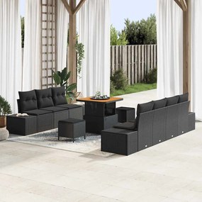 Conjunto de Sofá de Jardim de 10 Peças com Almofadas Poly Rattan Preto Acácia