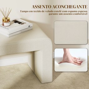 Conjunto de 3 Bancos Grande e 2 Pequenos Bancos Modernos em Veludo 104x44x48 cm Creme