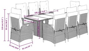 9 pcs conjunto jantar p/ jardim c/ almofadões vime PE castanho
