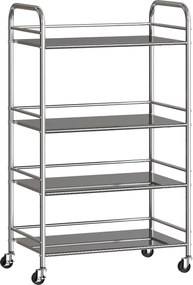 Carrinho Cozinha Auxiliar com Rodas de Aço Inoxidável de 4 Níveis com Prateleira Ajustável 2 Rodas com Travão 60x35x100 cm  Prateado