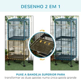 Gaiola para Pássaros com Rodas de 2 Níveis  com Bandejas Removíveis Portas Comedouros Poleiros 51,5x50x140 cm Preto