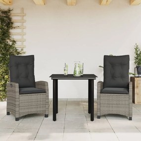 3 pcs conjunto de jantar p/ jardim c/ almofadões vime PE cinza