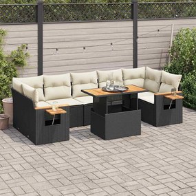 8 pcs conjunto sofás jardim com almofadões vime PE/acácia preto