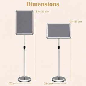 Conjunto de 2 Suportes de Chão para Cartazes A3, 30 x 42 x 87-137 cm, Altura Ajustável, Prateado